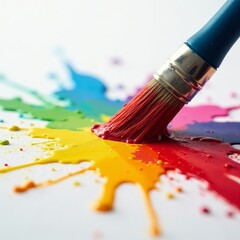 Fototapeta premium Close up of a paintbrush splattering colorful paint on a blank canvas, paintbrush, craft
