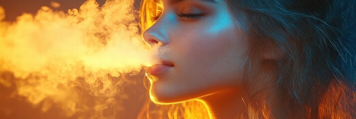 Young woman vaping, exhaling large orange cloud of smoke