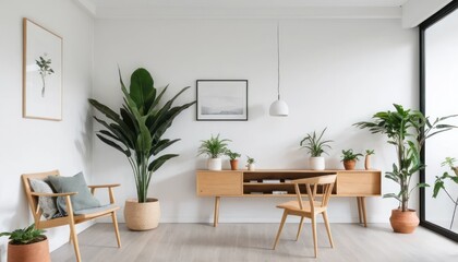 Minimalist Room with White Walls, Light Wooden Furniture, and a Potted Plant