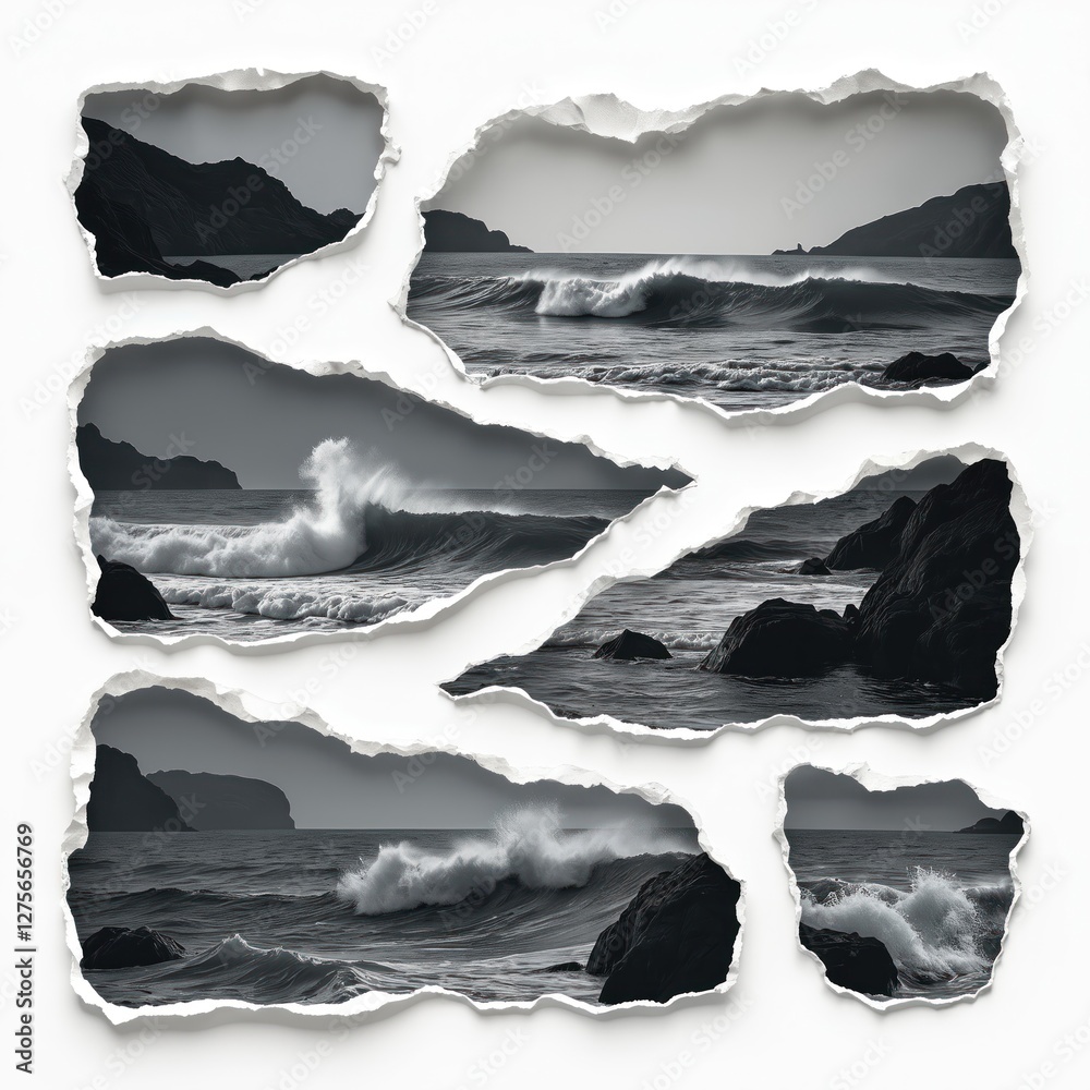 Poster torn paper edges frame ocean waves breaking on rocks. black and white seascape, abstract design elem