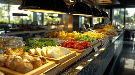 Fototapeta premium Luxurious Hotel Breakfast Buffet: Fresh Breads, Fruits, and Cheeses