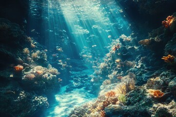 Sunbeams illuminate a vibrant underwater coral reef teeming with diverse marine life.