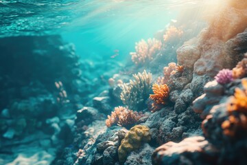 Naklejka premium Vibrant underwater scene showcasing diverse coral formations and sunlit ocean depths.