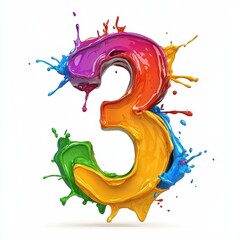 Number 3 made of bright liquid paint splashes in vibrant colors isolated on a clean white background