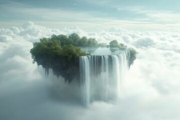Fototapeta premium Flying island with waterfall falling into the clouds, surreal landscape