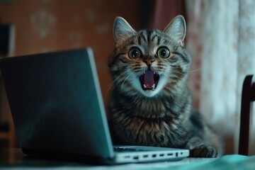 Shocked Cat Desperately Stares at Laptop Screen on Table