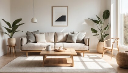 A Sunlit Minimalist Living Room with Light Tones and Wooden Coffee Table