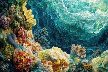Fototapeta premium Vibrant coral reef teeming with life, showcasing diverse species and textures under the ocean's surface.