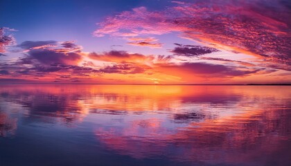 Fototapeta premium A surreal sunset over a glassy ocean, with the sky painted in vibrant shades of pink, purple, and orange, creating a dreamlike and peaceful atmosphere.