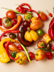 pile of tomatoes and different peppers over beige background