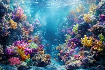 Vibrant underwater scene showcasing a diverse coral reef teeming with colorful corals and fish.