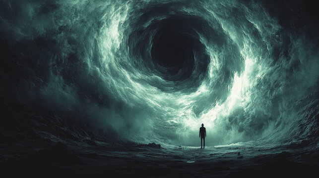 Person standing at the edge of a pit with chaotic thoughts swirling overhead, capturing moments of deep inner turmoil and anxiety in dark surreal art