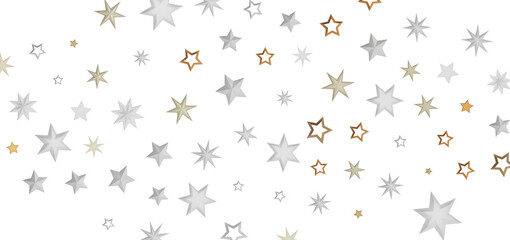 A dark background with scattered white and gold stars of different sizes, creating a whimsical and cosmic abstract pattern.