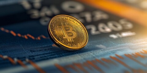 Bitcoin cryptocurrency coin standing on financial chart showing decrease trend