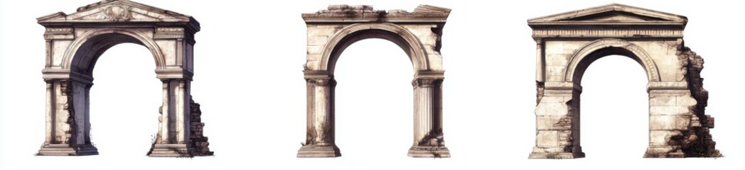 Three ruined stone arches, isolated, white background, game asset