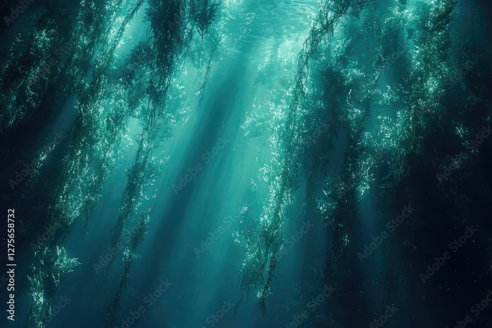 Poster sunbeams illuminate an underwater kelp forest, creating a mystical, ethereal scene.