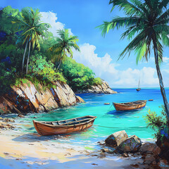 Obraz premium Serene tropical beach with boats, palm trees, and crystal-clear turquoise water.