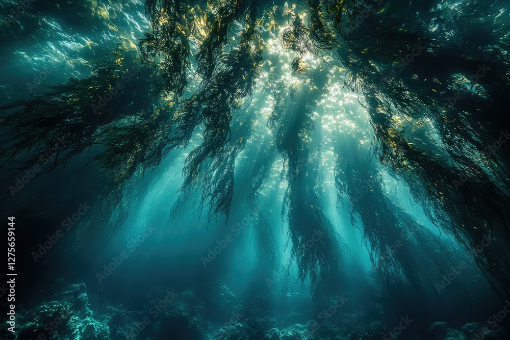 Poster sunbeams illuminate a dense kelp forest, creating a mystical underwater scene.