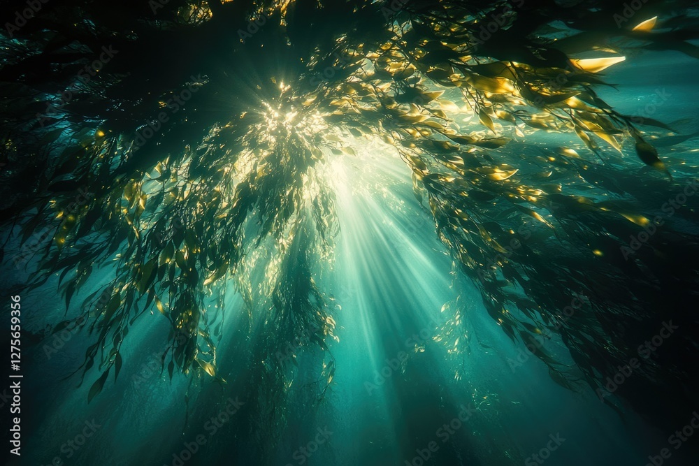 Poster sunbeams illuminate a lush underwater kelp forest, creating a magical, vibrant scene.