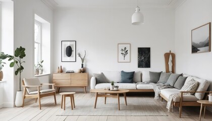 Fototapeta premium A Scandinavian-Inspired Room with White Walls, Wooden Elements, and Simple Furniture