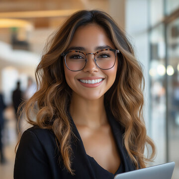  a realistic commercial pohoto of a smiling latina business woman wearing glasses holding a laptop in a modern office building