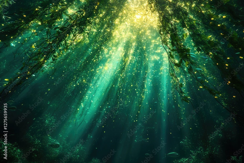 Poster sunbeams penetrate a lush kelp forest, illuminating vibrant underwater life and creating a magical, 