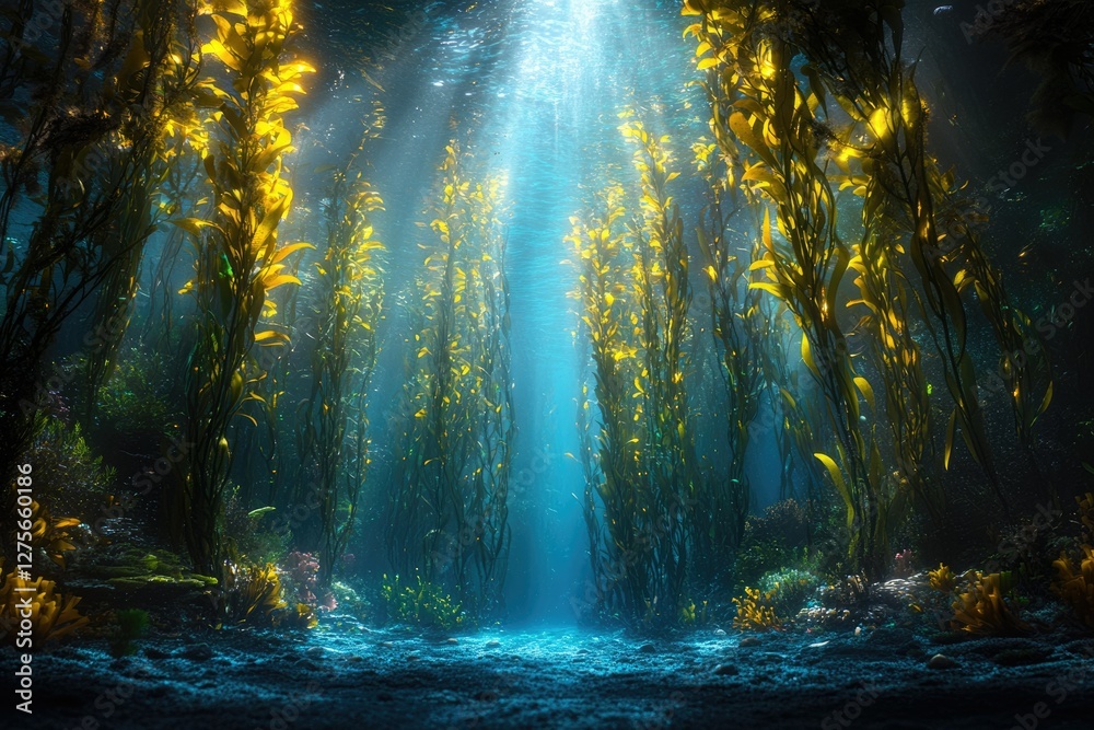 Poster sunbeams illuminate a vibrant underwater kelp forest, creating a magical, ethereal scene.