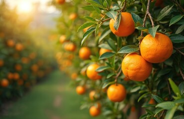 Tangerine sunny garden with citrus fruits. Mandarin orange tree farm, tropical green leaves, sweet tangerines, ripe agriculture, healthy vitamin plantation, fresh juice, nobody, sunlight, growth.