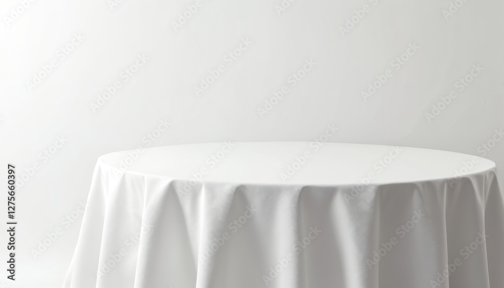 Poster Elegant white tablecloth on round table against white wall. Clean minimal scene. Soft light, subtle shadows. Neutral background for product showcase. Empty blank space.