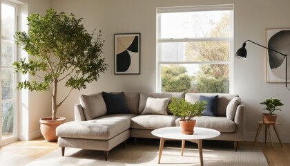 A Sunlit Modern Room Featuring a Sectional Sofa and a Small Potted Tree in the Corner