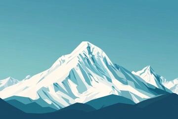 Snowy mountain peak, clear sky, range backdrop, travel poster