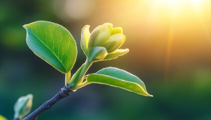 Spring Awakening Delicate Magnolia Bud on a Branch Bathed in Warm, Golden Sunlight, Shallow DOF.
