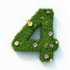 Number 4 made of lush green moss with tiny flowers growing on it isolated on a clean white background