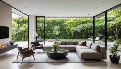 A Sleek and Modern Lounge with Contemporary Decor and an Open View of Greenery