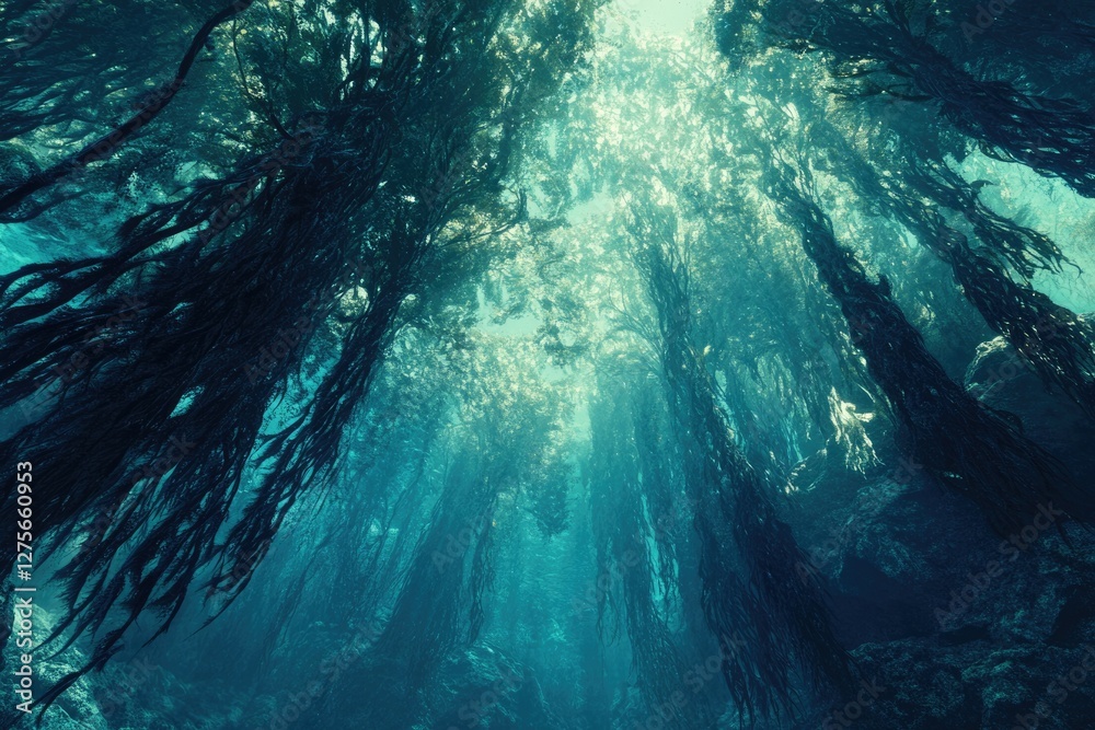 Poster An underwater kelp forest, sunlight filtering through the dense canopy creating a mystical, ethereal atmosphere.