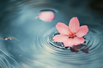 A delicate pink flower floats gracefully in clear water, creating gentle ripples that radiate outward like whispers of tranquility and serene elegance.