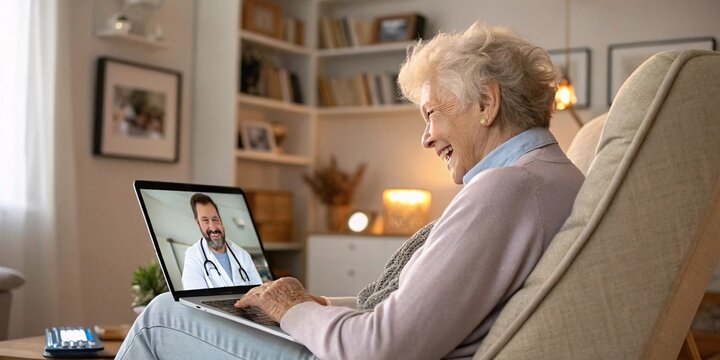 Senior Telehealth Consultation: An elderly woman engages in a telehealth consultation from the comfort of her home, connecting with a doctor on her laptop.