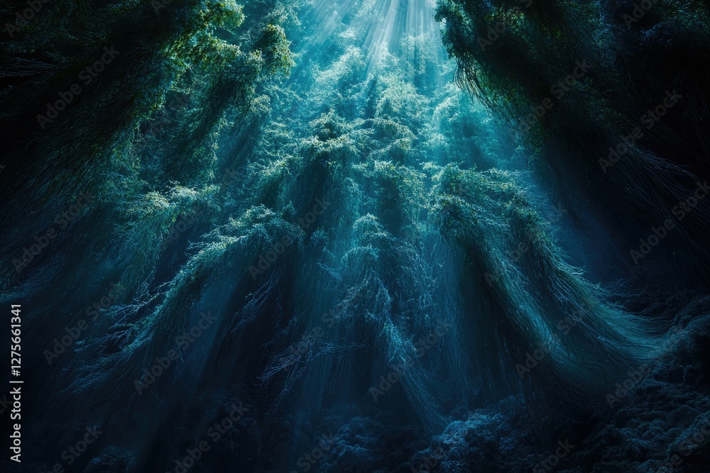 Poster sunbeams illuminate an underwater kelp forest, creating a magical, ethereal scene.