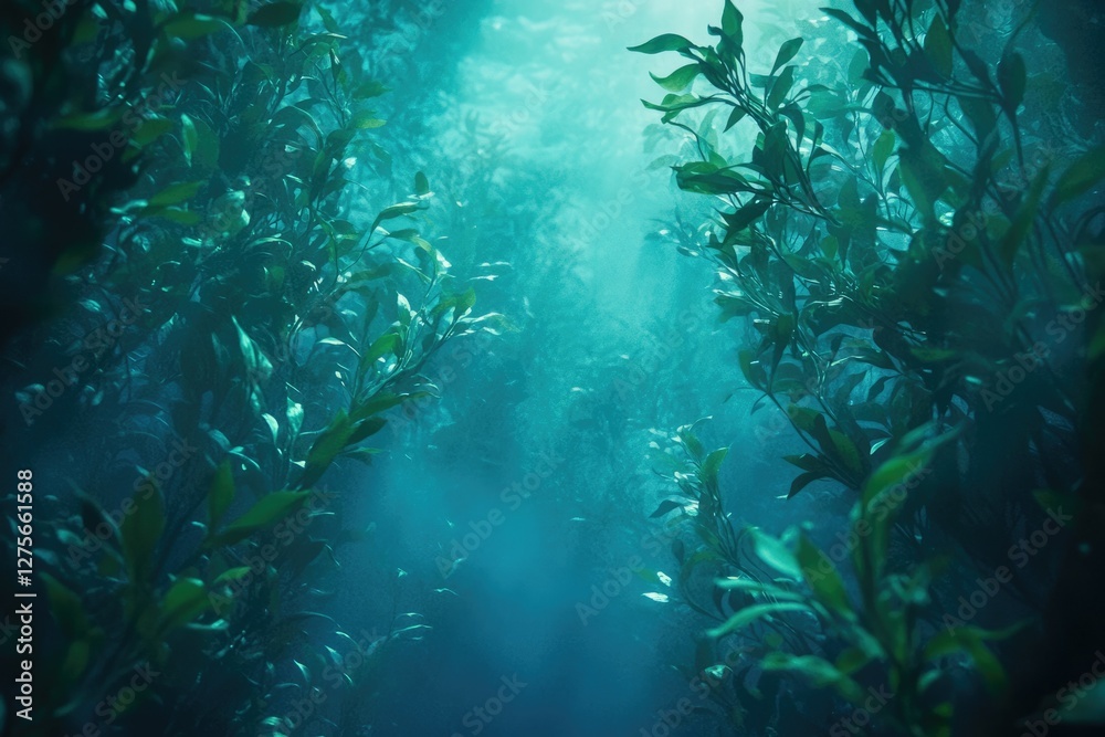 Poster Submerged in an ethereal underwater kelp forest, sunlight filters through, creating a serene and mystical atmosphere.