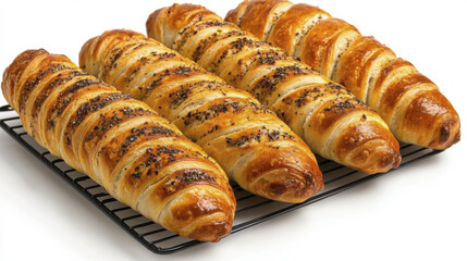 Freshly baked bread rolls with golden crust, arranged on cooling rack, showcasing delicious topping