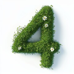 Number 4 made of vibrant green moss with tiny blooming flowers isolated on a clean white background