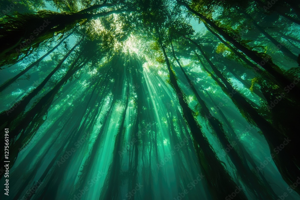 Poster sunbeams pierce an underwater kelp forest, creating a magical, ethereal scene.