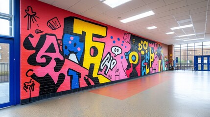 Colorful mural adorning school hallway
