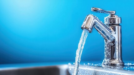 Water flows from a shiny faucet in a modern kitchen with a vibrant blue background. World Water Day celebration