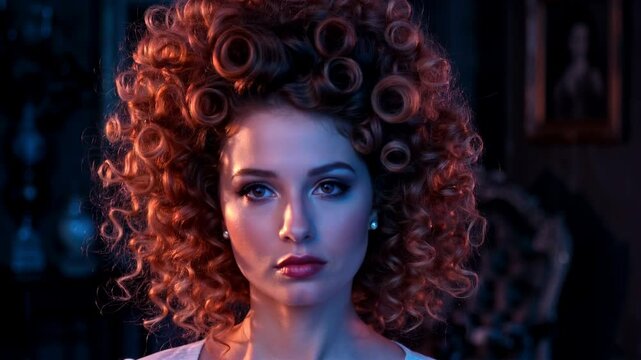 Portrait of a woman with voluminous with perm hair style in vintage rollers, set in a dimly lit room with antique decor
