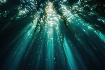 Obraz premium Sunbeams penetrate the ocean, illuminating a kelp forest's ethereal beauty.