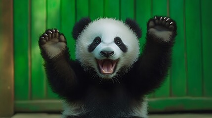 Obraz premium Happy panda cub, green background