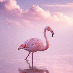 Fototapeta premium Soft lavender flamingo wading through dreamy pastel waters, glowing pink-purple mist with feathery clouds, slightly close-up