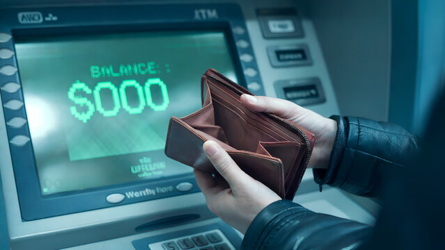 Empty Wallet at ATM, Financial Loss, Night Scene, Insufficient Funds