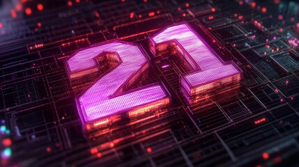 Glowing Digital 3D Number 21 in Futuristic Style on Abstract Background, Digital Technology Concept